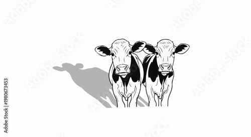 Two black and white cows stand together casting a shadow
