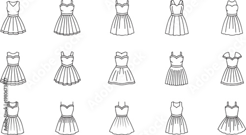 Collection of simple black line dresses on white background fashion clothing garment