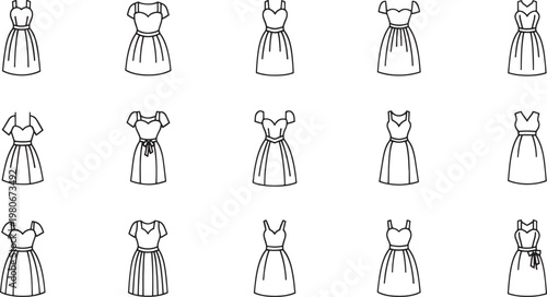 Collection of simple black line of various women's dresses clothing fashion garment
