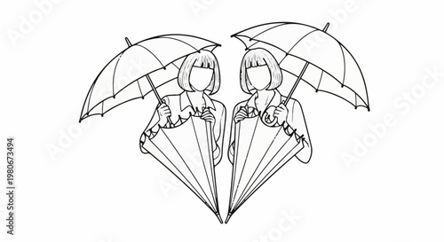 Two figures with umbrellas, facing forward, with bob haircuts