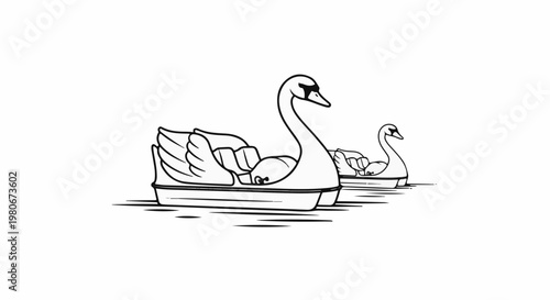 Two swan-shaped paddle boats glide on calm water, outlined in black and white