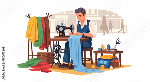 Skilled tailor sewing fabric with vintage machine in a bustling workshop.