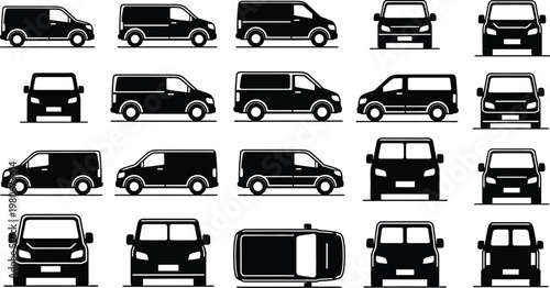 Commercial delivery van silhouette vector set in multiple views
