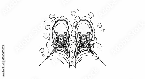 Top-down view of laced-up boots on a white background with scattered dots