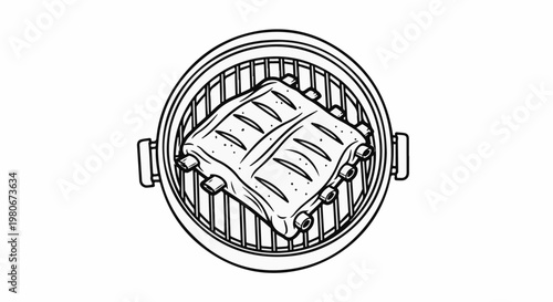 Top-down view of pork ribs cooking on a round grill rack