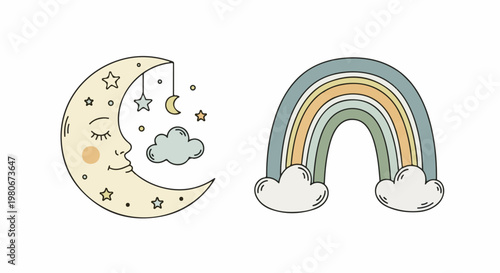 Whimsical crescent moon with sleeping face, stars, and clouds next to a pastel rainbow
