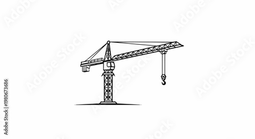 Tower crane with hook suspended from its boom, industrial construction