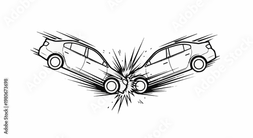 Two cars colliding head-on, with motion lines and debris radiating outwards