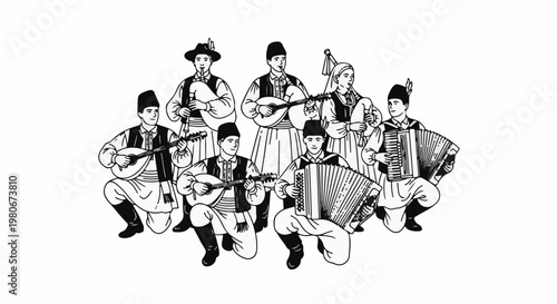 Traditional musicians in ethnic attire play various instruments