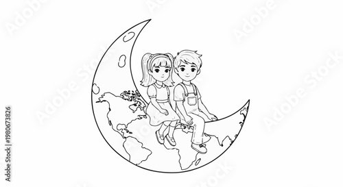Two children, a girl and boy, sit on the crescent moon, which is depicted as the Earth