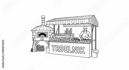 Traditional street food stall with a wood-fired oven and pastry display