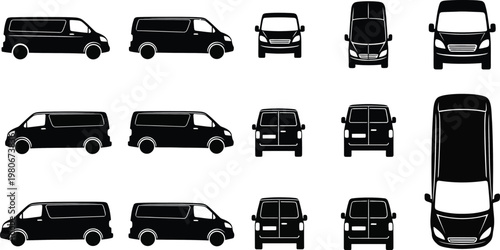 Utility minibus blueprint layout with overhead perspective