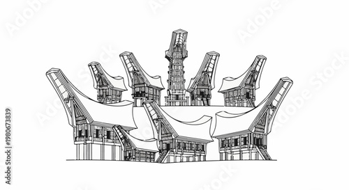 Traditional village houses with distinctive curved roofs arranged symmetrically