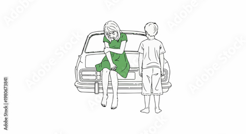Two children, a girl in a green dress and a boy, stand by a car