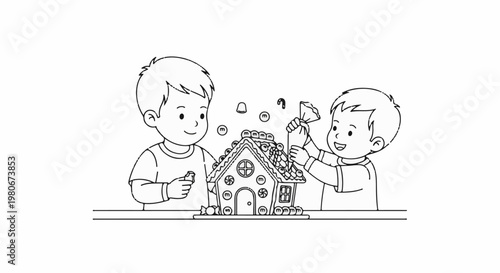 Two children decorating a gingerbread house with candy and icing