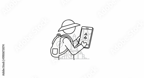 Traveler with backpack and hat uses phone navigation app for city exploration