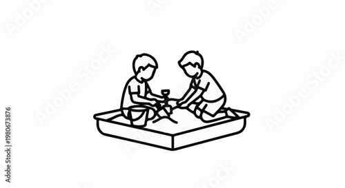 Two children playing in a sandbox with buckets and shovels