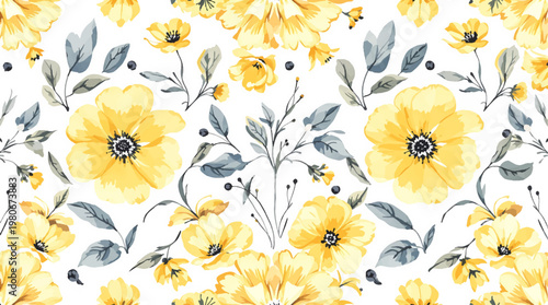Colorful petals and leaves combine in watercolor style forming lively decorative pattern inspired by nature today