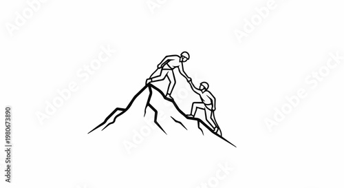 Two climbers reaching the summit, one helping the other