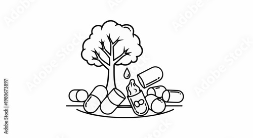 Tree and scattered pills with a drop falling from a branch