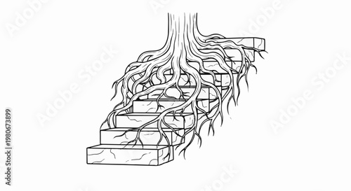 Tree roots intertwine with stone steps, symbolizing growth over structure