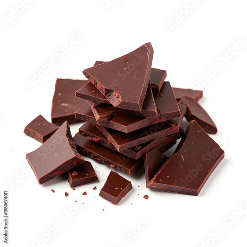 Pile of broken dark chocolate pieces with glossy texture and sharp edges on white background vector illustration for dessert themes