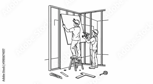 Two workers install drywall, one on a stool using a drill