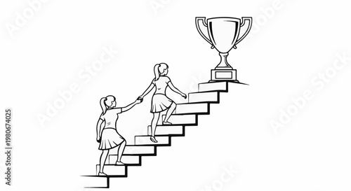 Two women ascend stairs towards a trophy, one helping the other