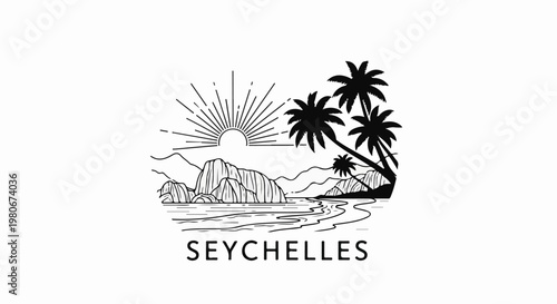 Tropical beach with palm trees, mountains, sun, and ocean waves