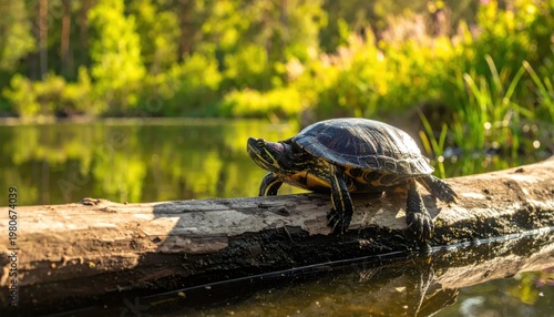A Painted Turtle Basking on a Sunlit Log by the Water.