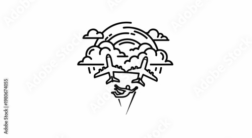 Two planes flying under rainbow with skydiver below