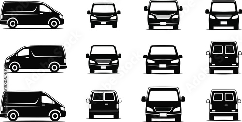 Black delivery van silhouette truck icon from multiple angles