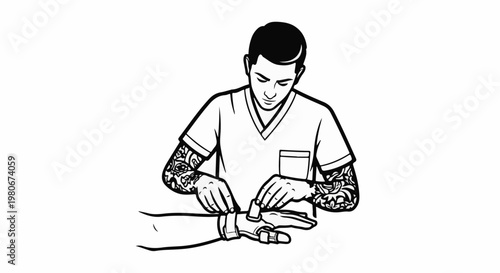 Tattoo artist meticulously applies bandage to client's tattooed hand