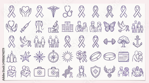 Collection of healthcare and support symbols including ribbons, medical instruments, families, and abstract concepts.