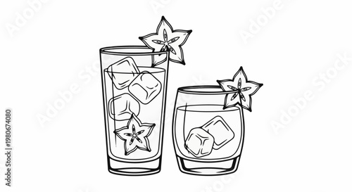 Two clear glasses hold refreshing drinks with ice cubes and star fruit slices