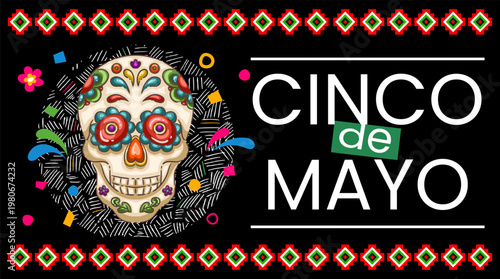 Cinco de Mayo Celebration Banner with Decorative Sugar Skull and Mexican Pattern