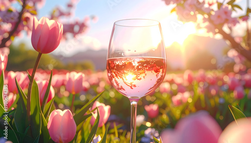 Pale pink rose wine glass surrounded by blooming cherry blossoms and tulips in bright morning light with airy joyful floral style generative AI