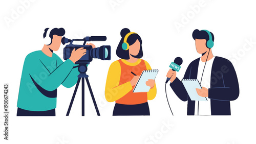 Media Crew at Work: Illustrating the dynamic collaboration of media professionals, this image features a camera operator, a reporter taking notes, and a journalist reporting.