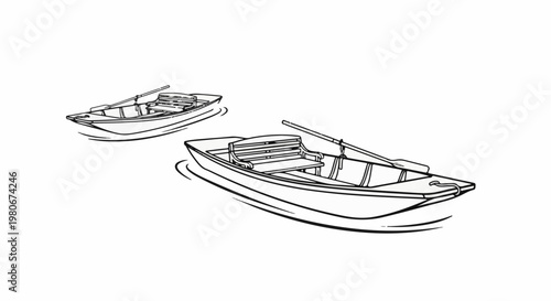 Two rowboats with oars on calm water, simple line drawing