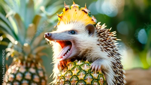 A playful hedgehog wearing a pineapple crown, surrounded by tropical fruits in a vibrant garden