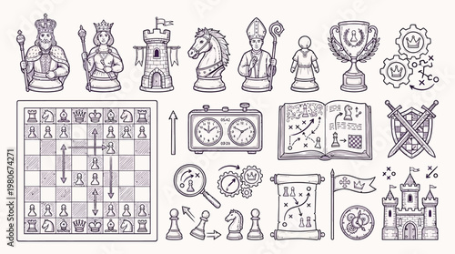 A comprehensive collection of chess-related elements, including pieces, a board with strategy diagrams, a clock, a trophy, and various symbolic icons.