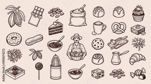 A detailed hand-drawn illustration showcasing a wide variety of sweet treats, baked goods, and chocolate-related items, including cocoa pods, pastries, cakes, cookies, and candies.