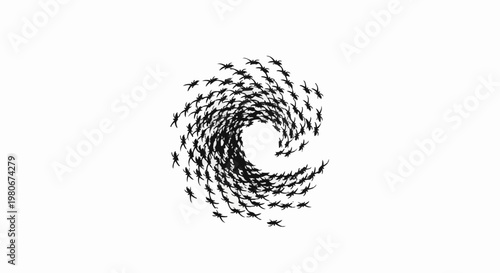 Swirling vortex of black silhouetted creatures on a white background