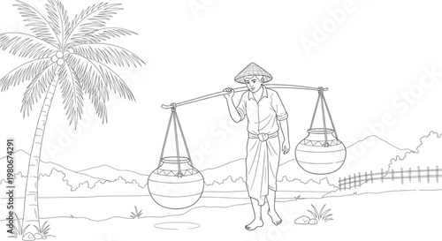 Asian Man Carrying Traditional Water Pots on Shoulder Pole in Rural Village Line Art Coloring Page