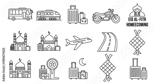 Eid Al Fitr Homecoming Travel Icons.