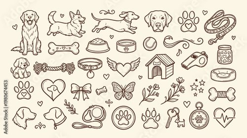 A charming collection of hand-drawn illustrations featuring various dog breeds, accessories, and symbols related to canine companionship and care.