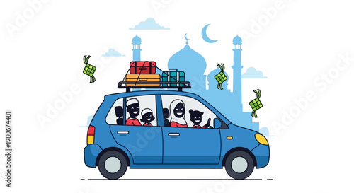 Family in car with luggage traveling.