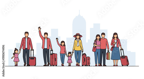 Family with luggage standing together outside.