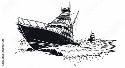 Two fishing boats speed through choppy, white-capped ocean waves