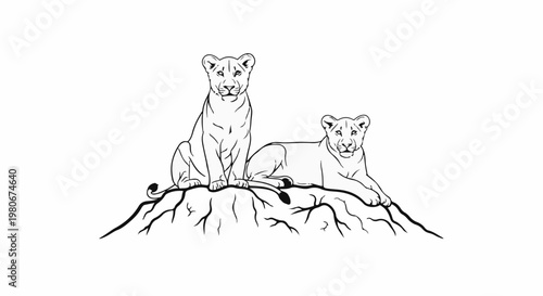 Two young lions sit atop a rocky outcrop in a line drawing